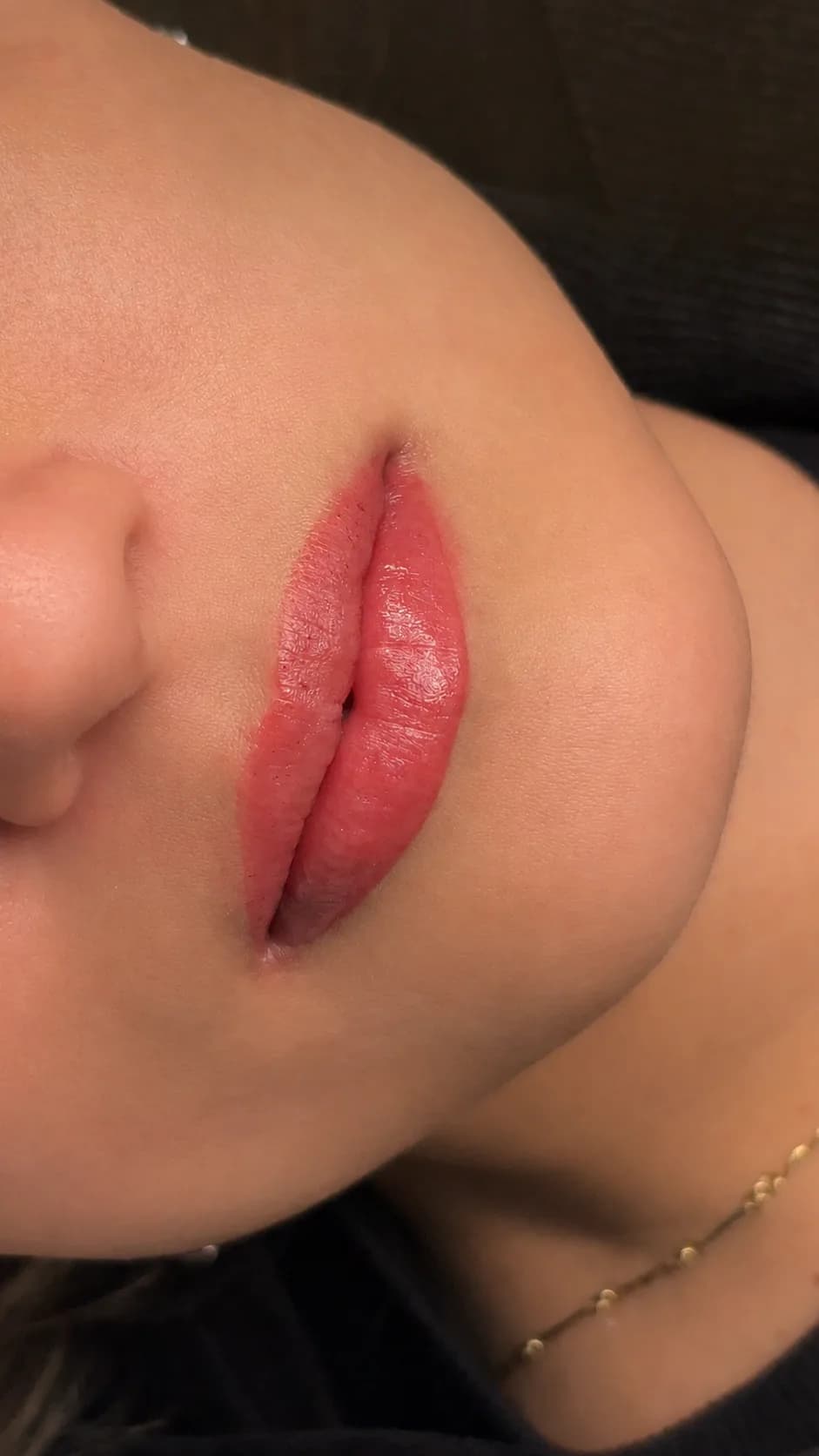 Labios de tono rosado parejo, con el contorno definido y el brillo natural de la piel.