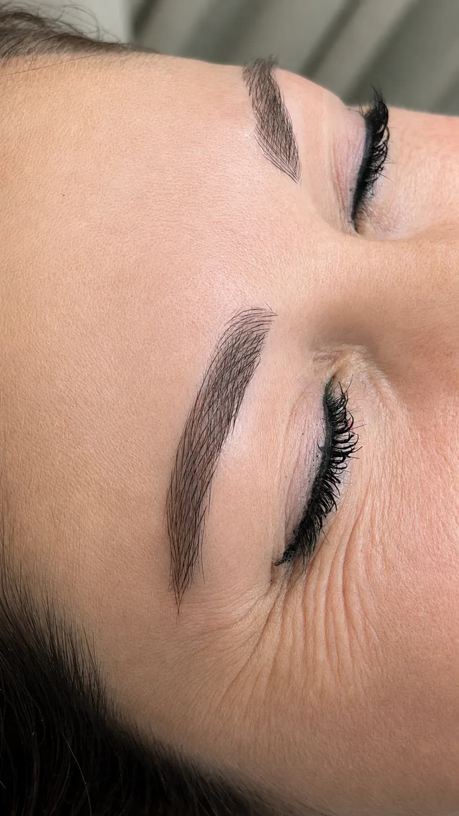 Cejas con trazos pelo a pelo densos y parejos en ambas.