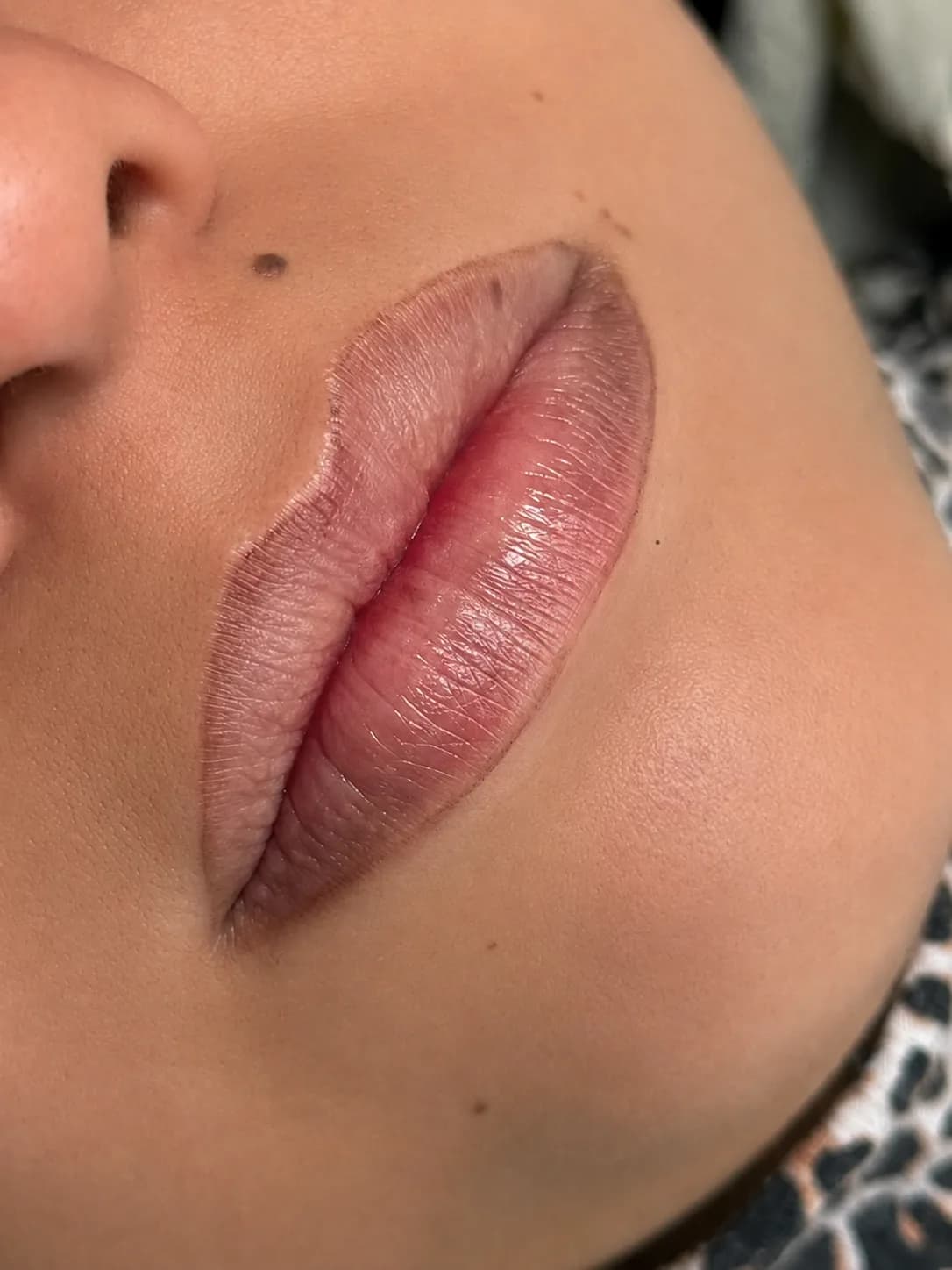 Labios de tono apagado y borde difuminado contra la piel, con la cabeza apoyada de lado.