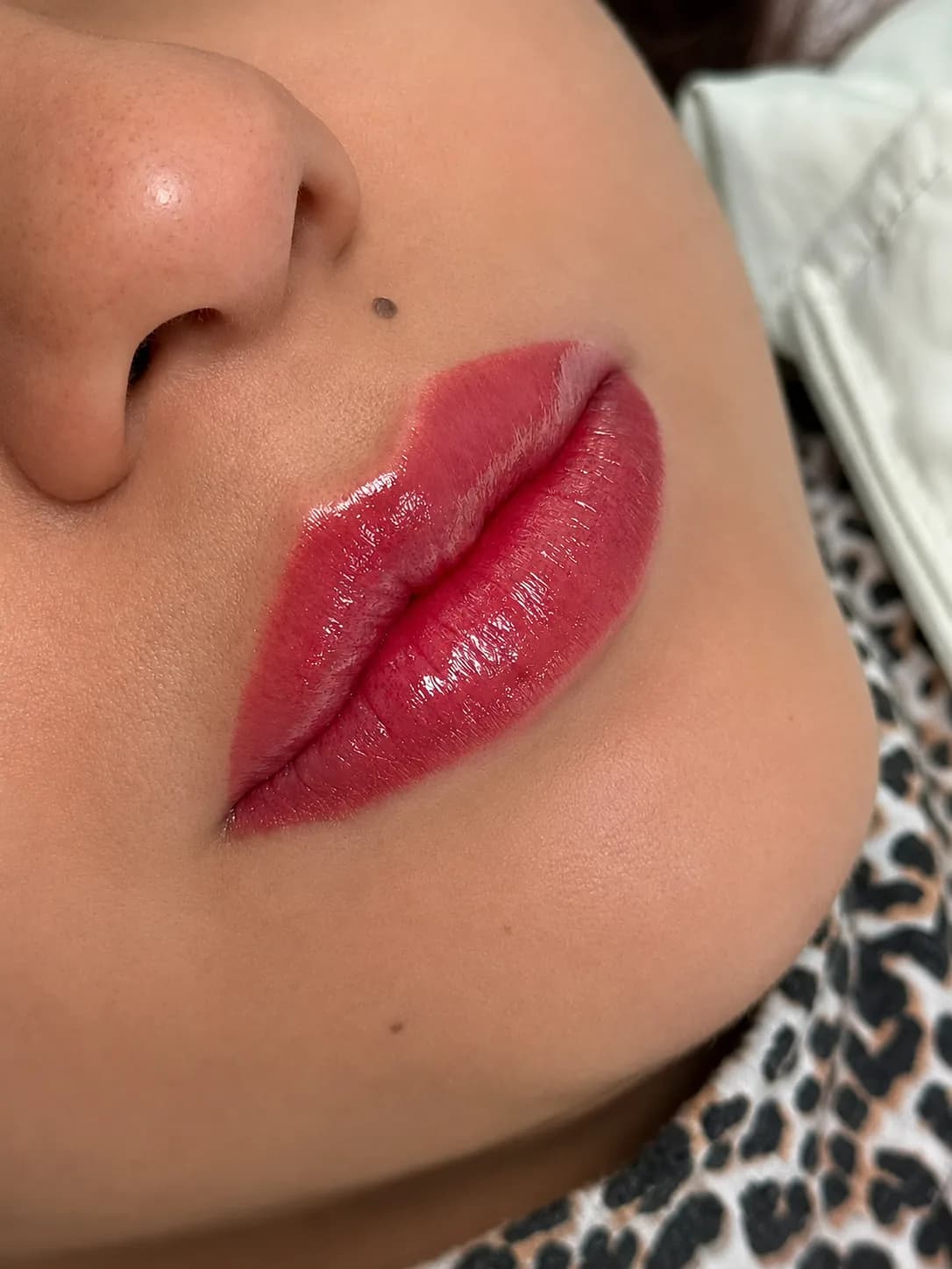 Los mismos labios con color rosado parejo, el contorno ya dibujado y brillo en la superficie.