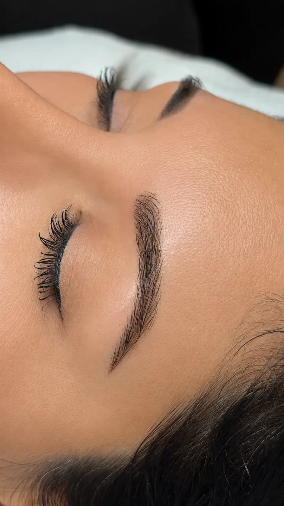 Cejas con trazos pelo a pelo y sombra pareja que rellenan la cola.