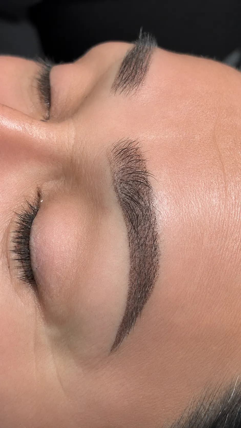 Ceja con sombreado parejo en degradé, con efecto maquillado y sin trazos de pelo.